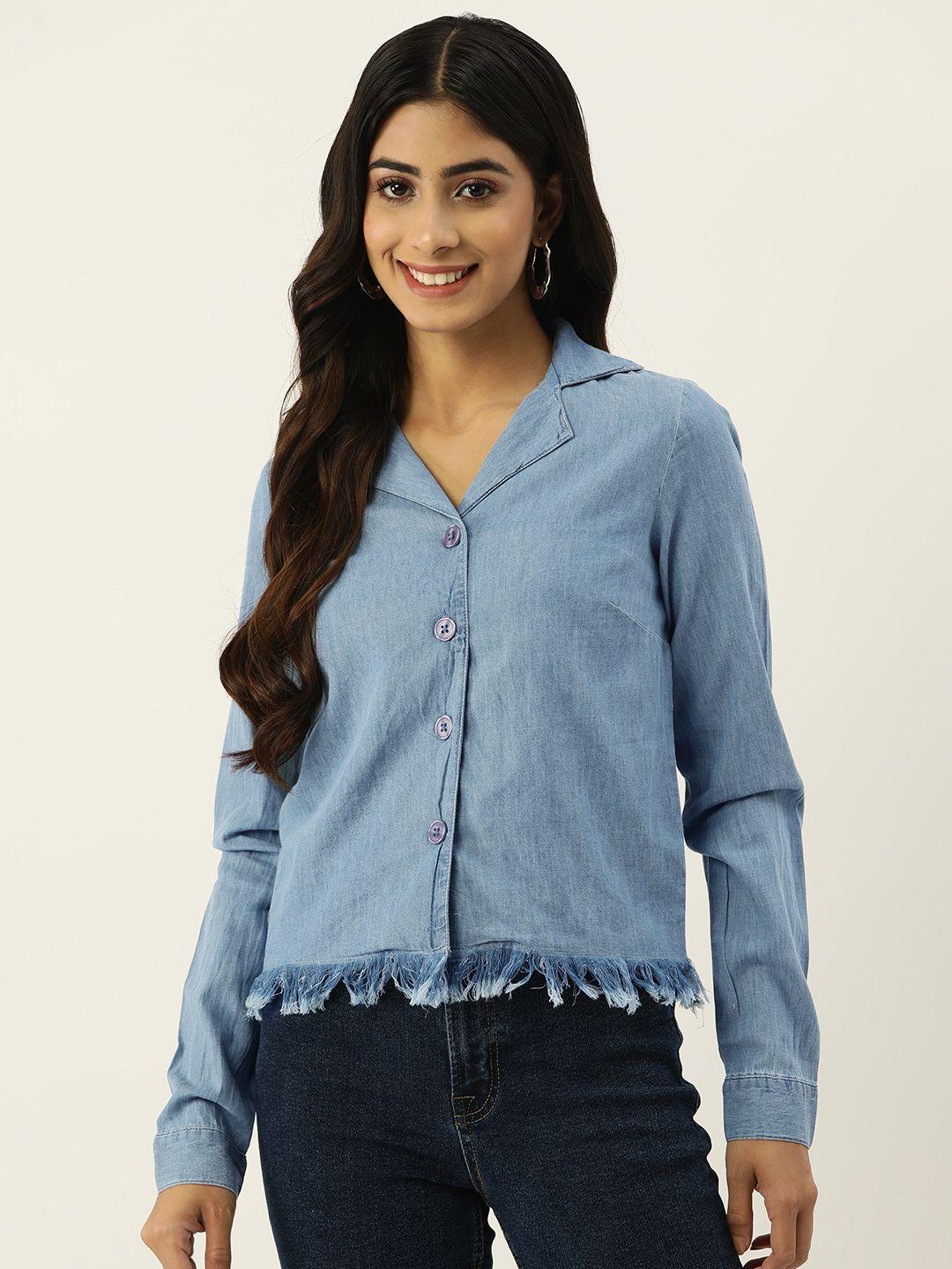 ix impression embroidered fringed pure cotton denim shirt style top