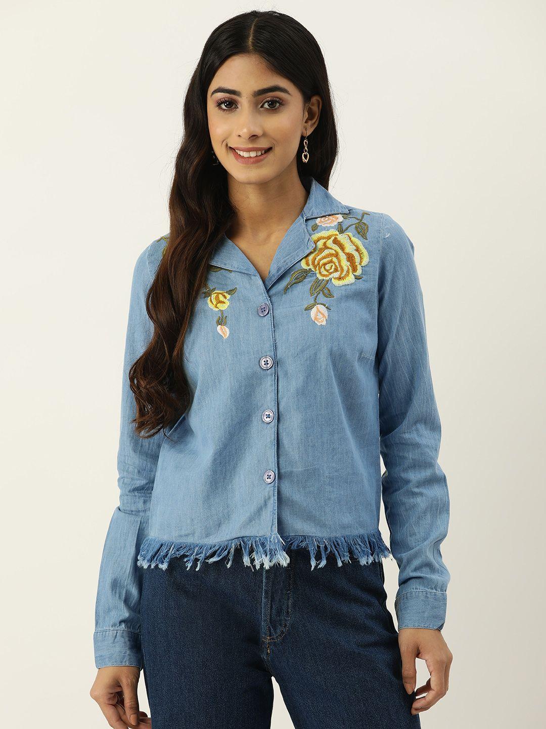 ix impression floral embroidered fringed pure cotton denim shirt style top