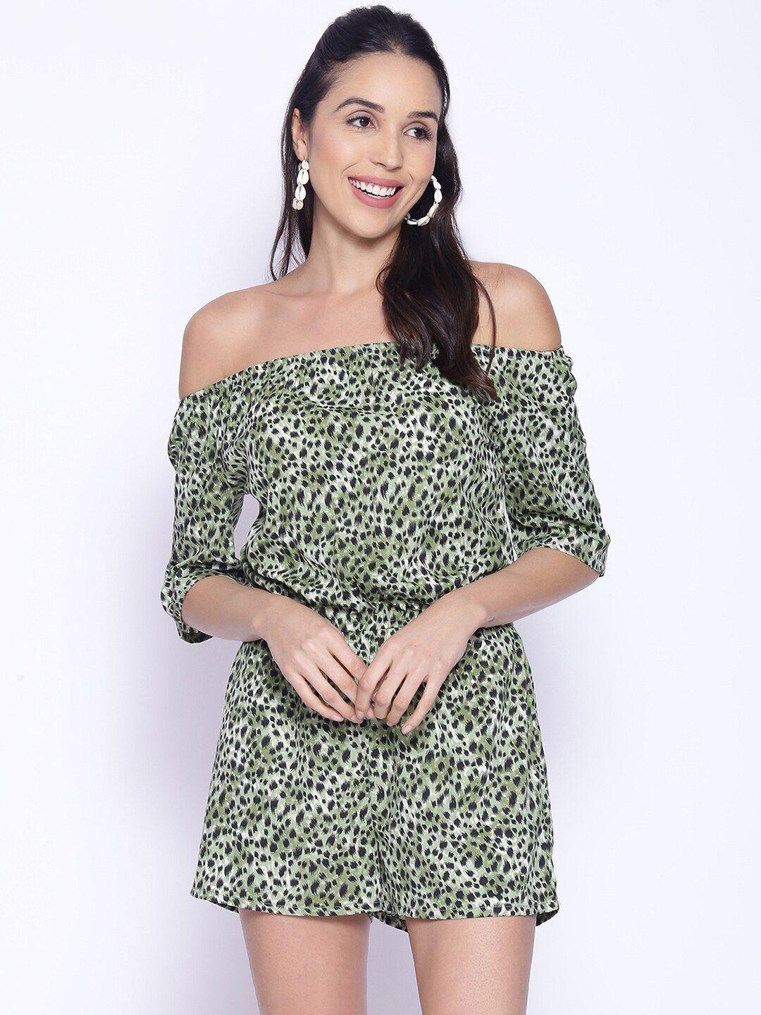 ix impression green & black animal printed off-shoulder playsuit