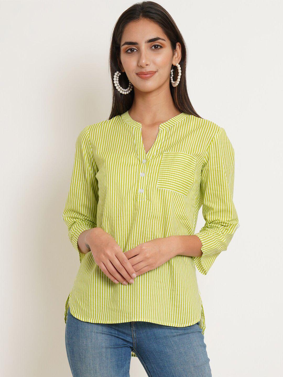 ix impression green striped mandarin collar shirt style top