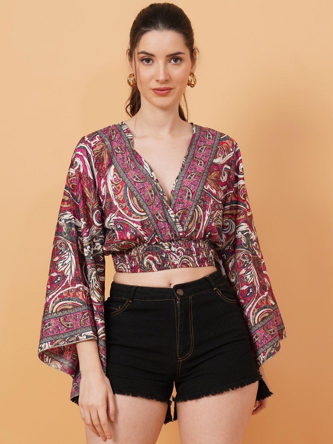 ix impression print flared sleeve wrap crop top