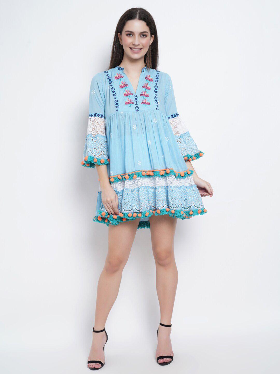 ix impression turquoise blue & white floral embroidered dress
