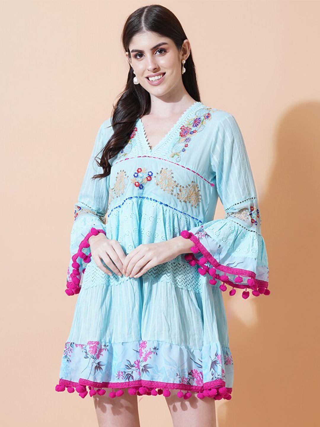 ix impression turquoise blue floral bell sleeve with pom-pom detail fit & flare dress