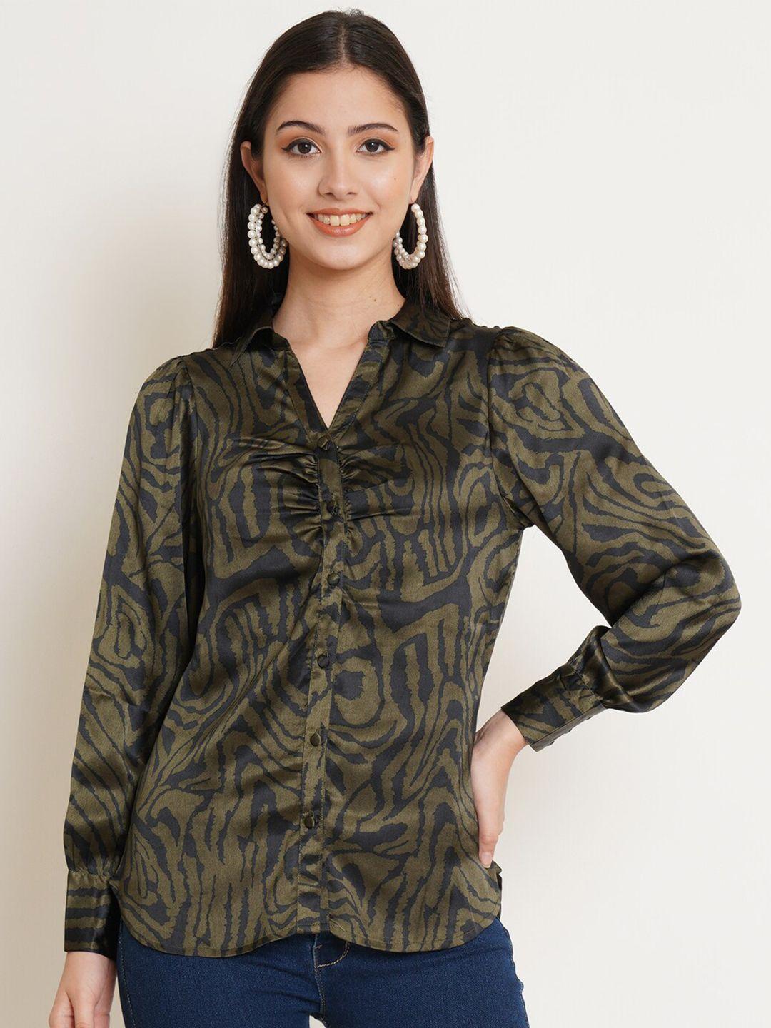 ix impression women black & olive green animal print long sleeves satin shirt style top