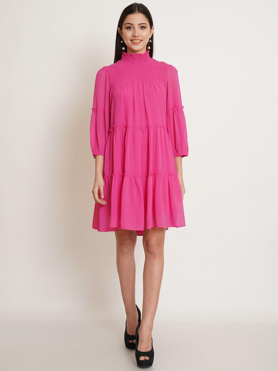 ix impression women pink a-line high neck smocked & tiered dress