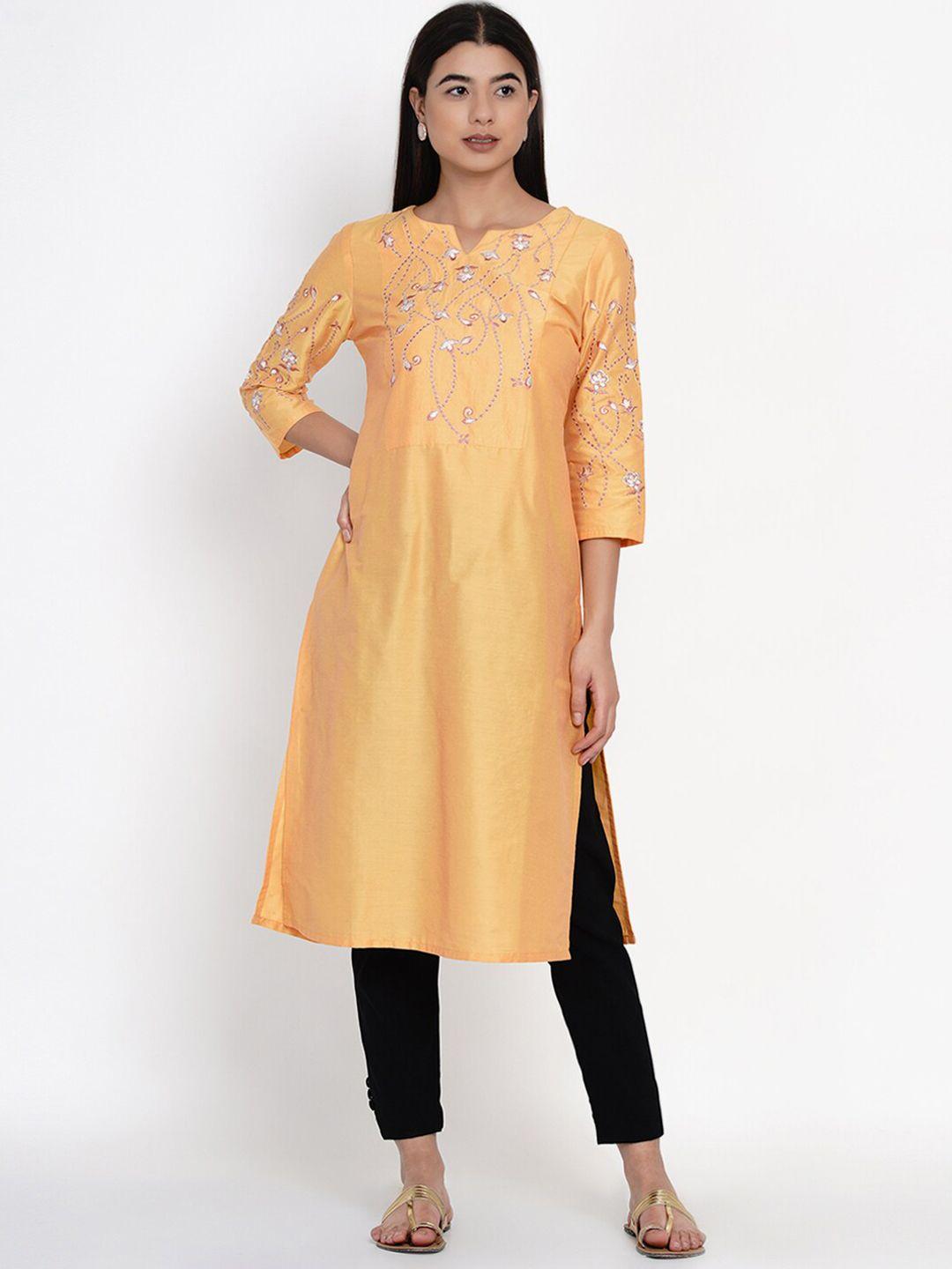 ix impression women yellow floral embroidered thread work floral kurta