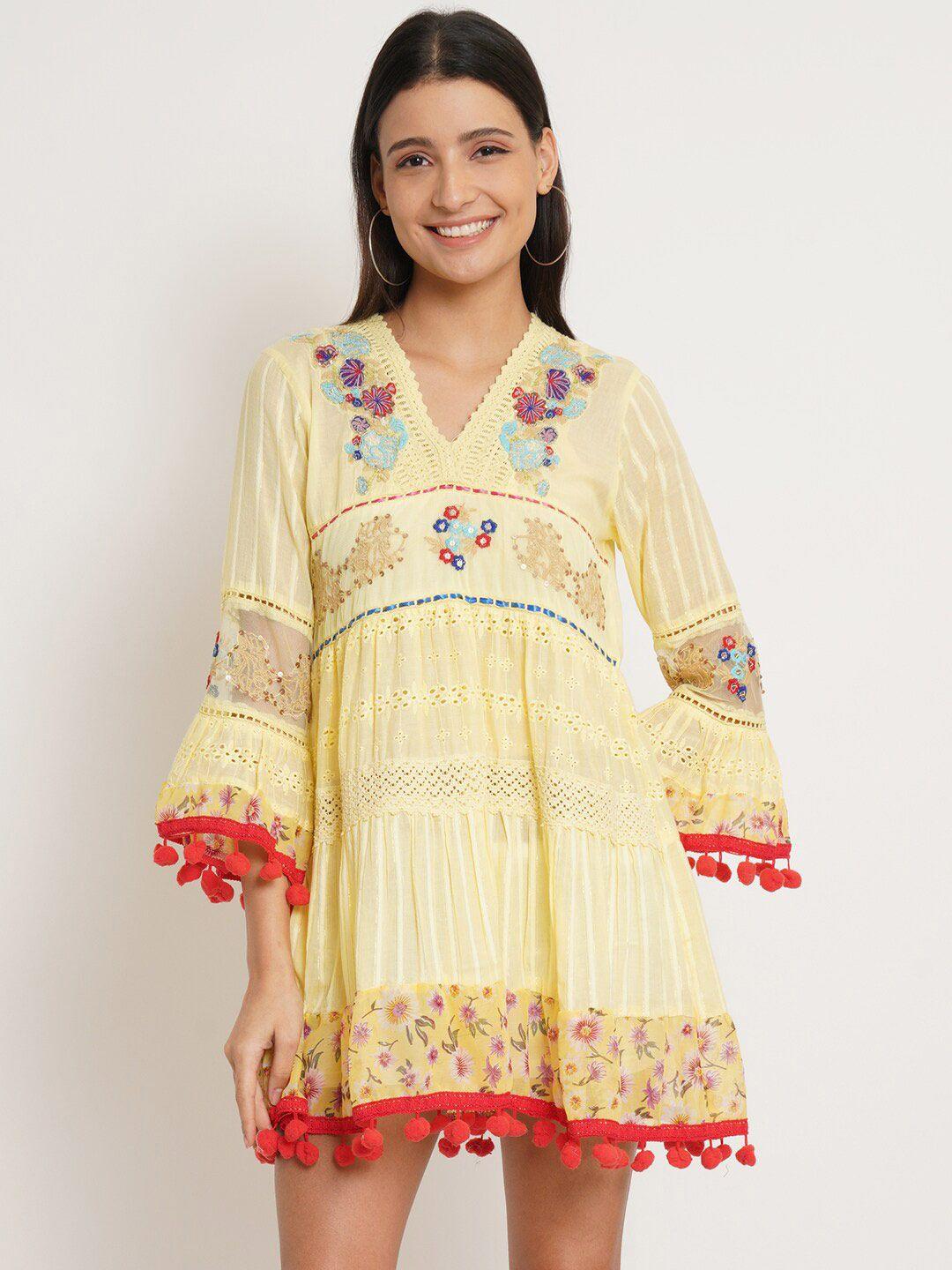 ix impression yellow & red floral embroidered cotton dress