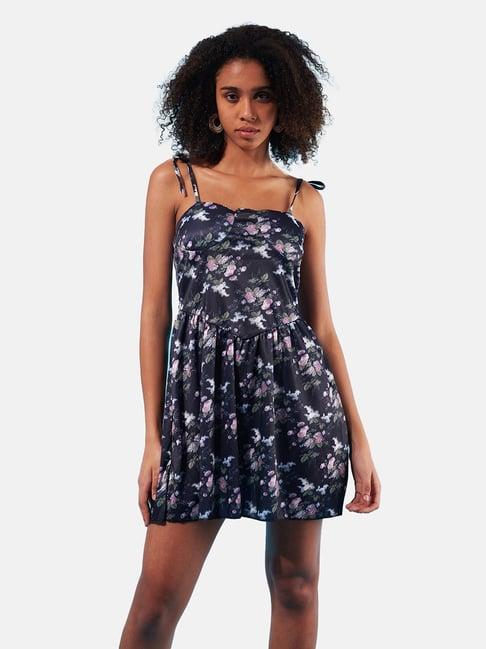 izf black floral print a line dress