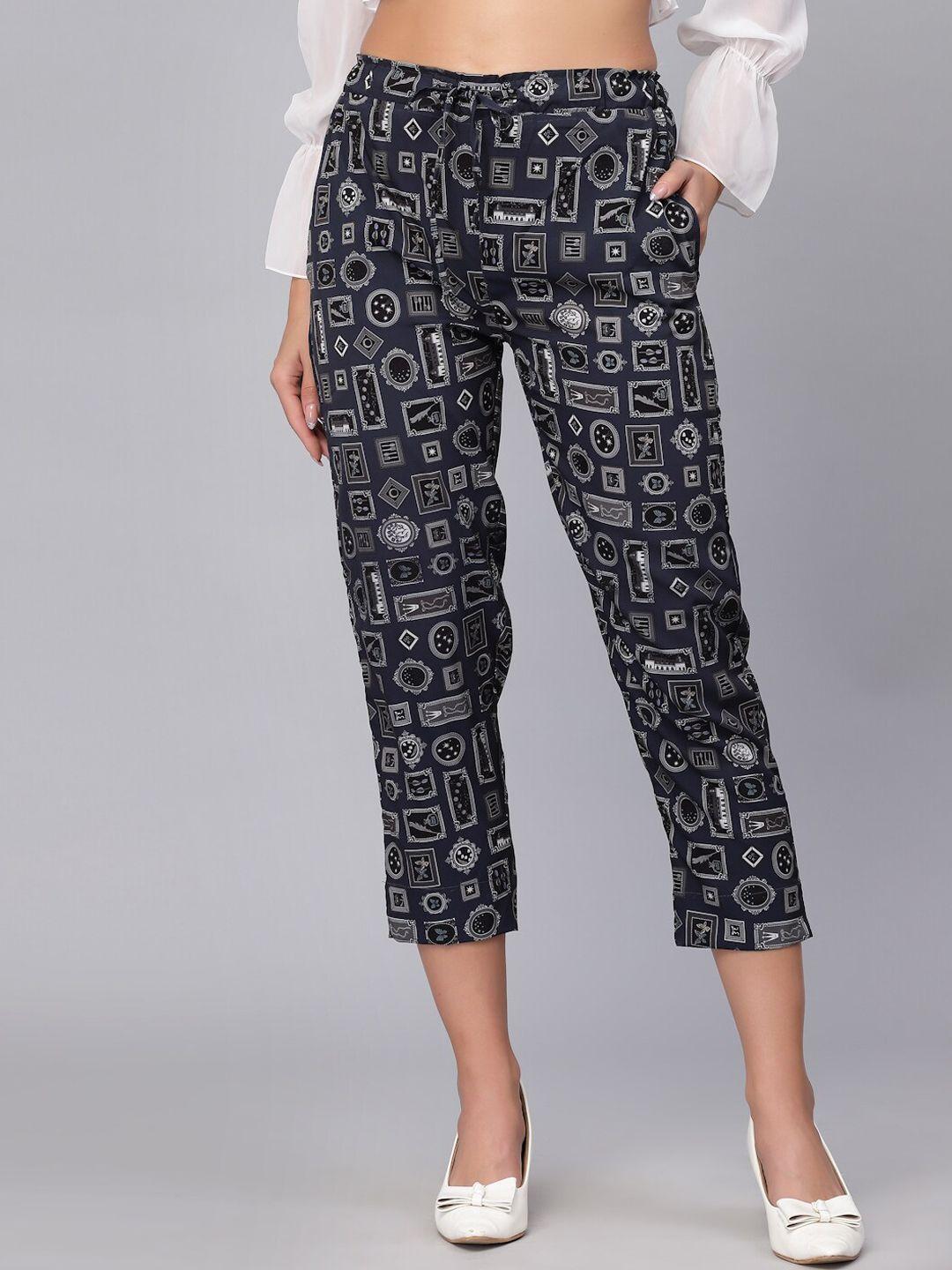 j style women blue printed smart straight fit culottes trousers