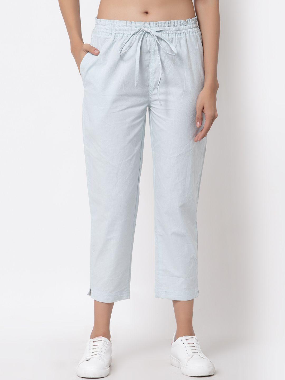 j style women blue solid mid-rise cotton cropped trousers