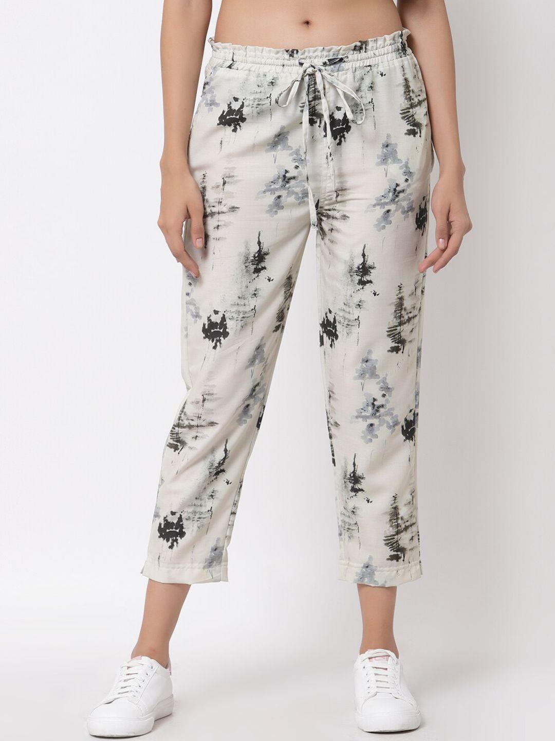 j style women cream-coloured printed joggers trousers