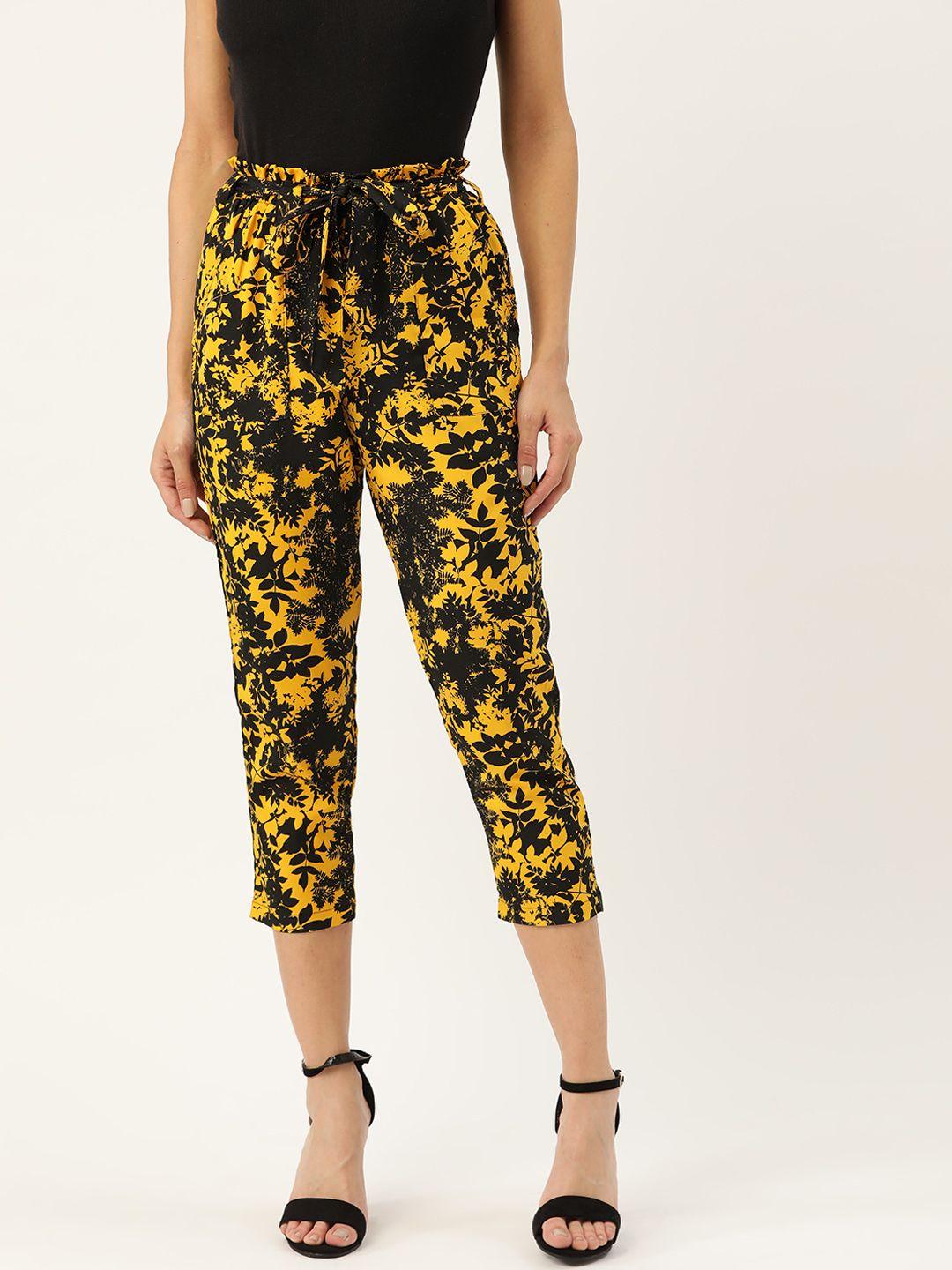 j style women yellow & black slim fit printed cropped trousers
