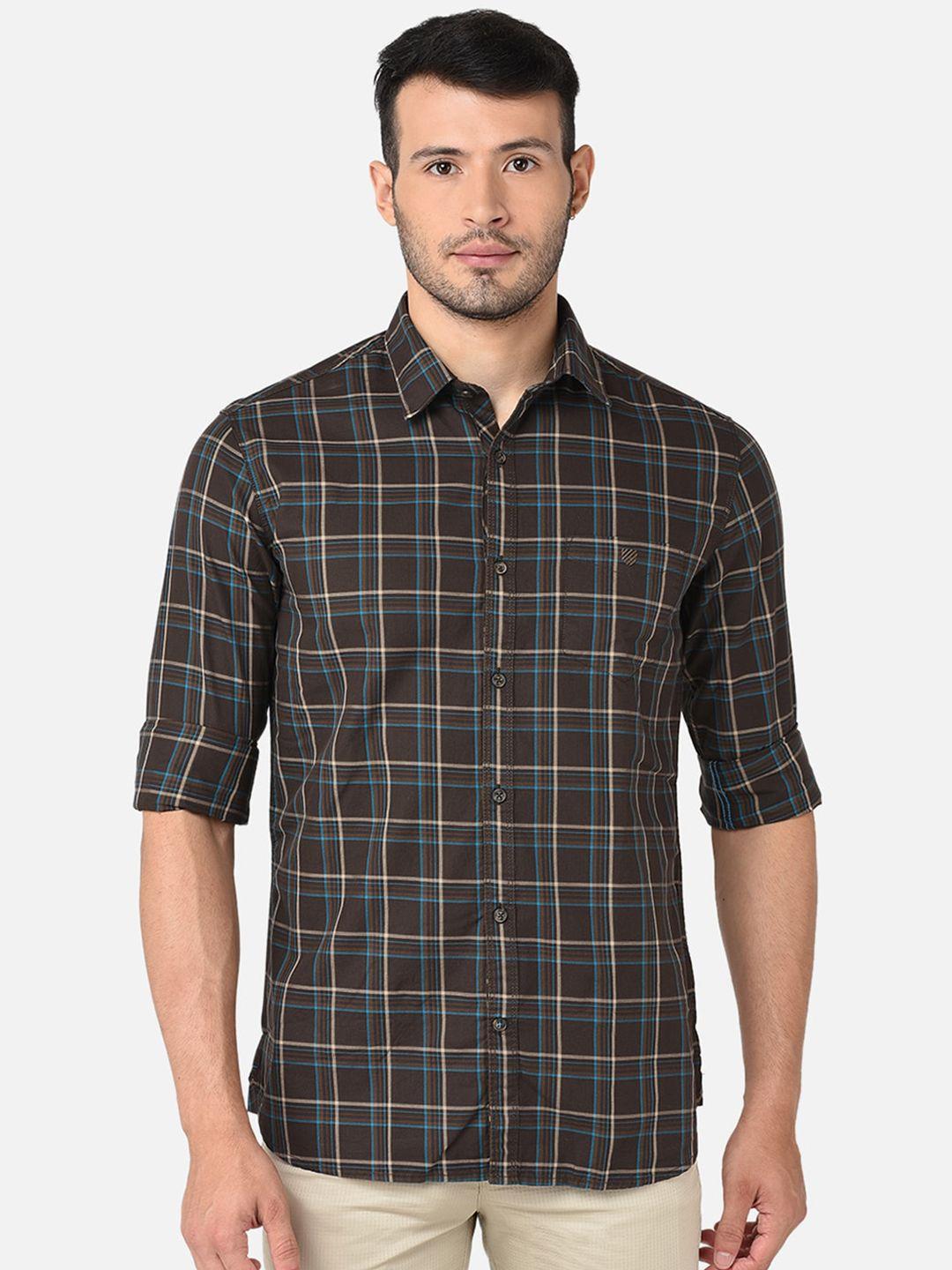 j hampstead men brown classic slim fit checked casual shirt
