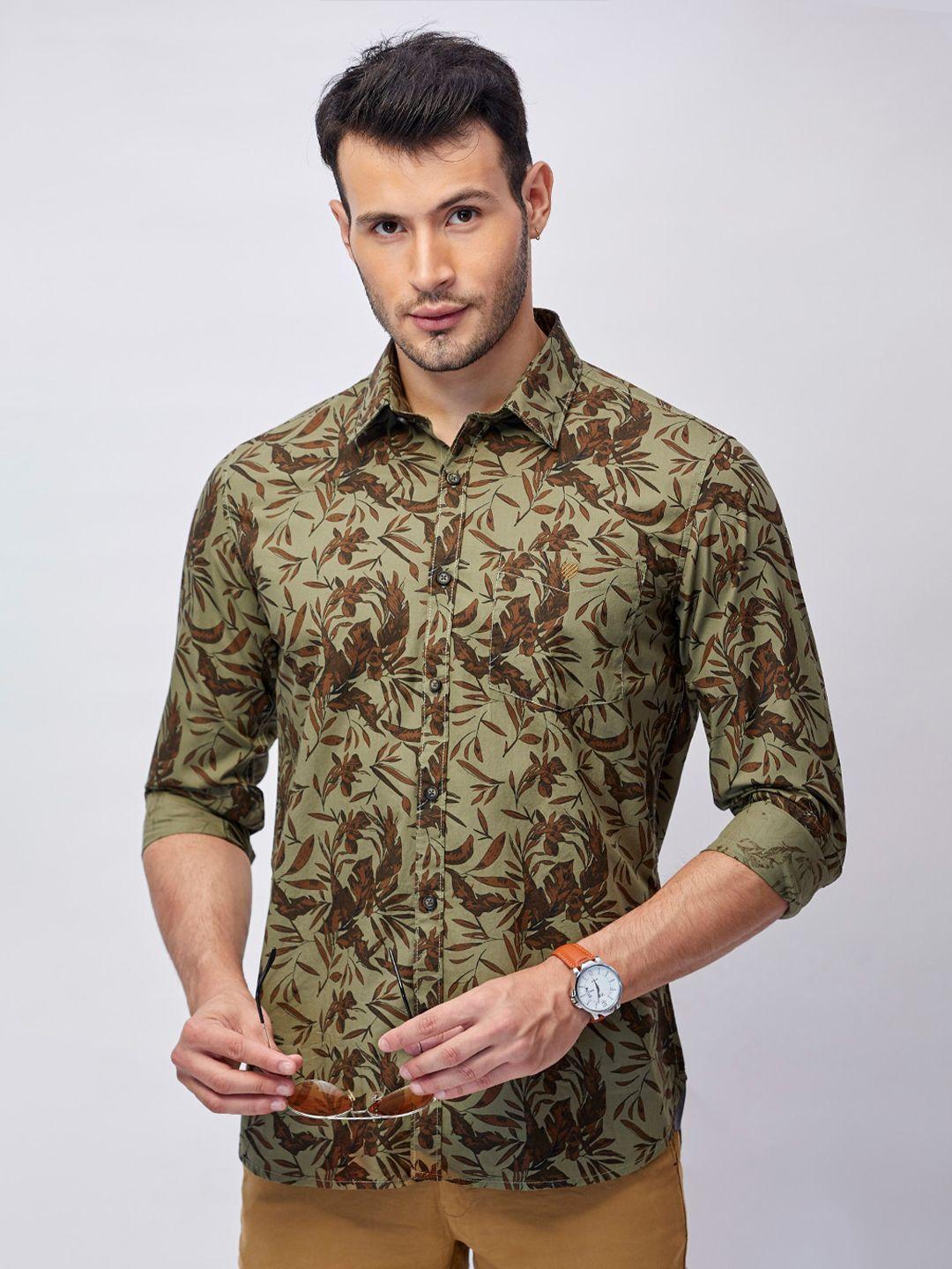 j hampstead men olive green classic slim fit floral printed casual shirt