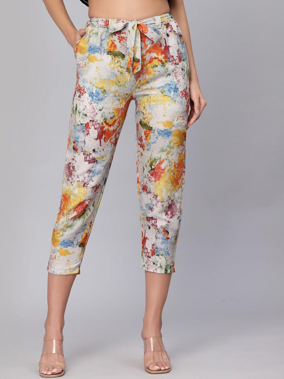 j style women orange & blue printed smart slim fit trousers