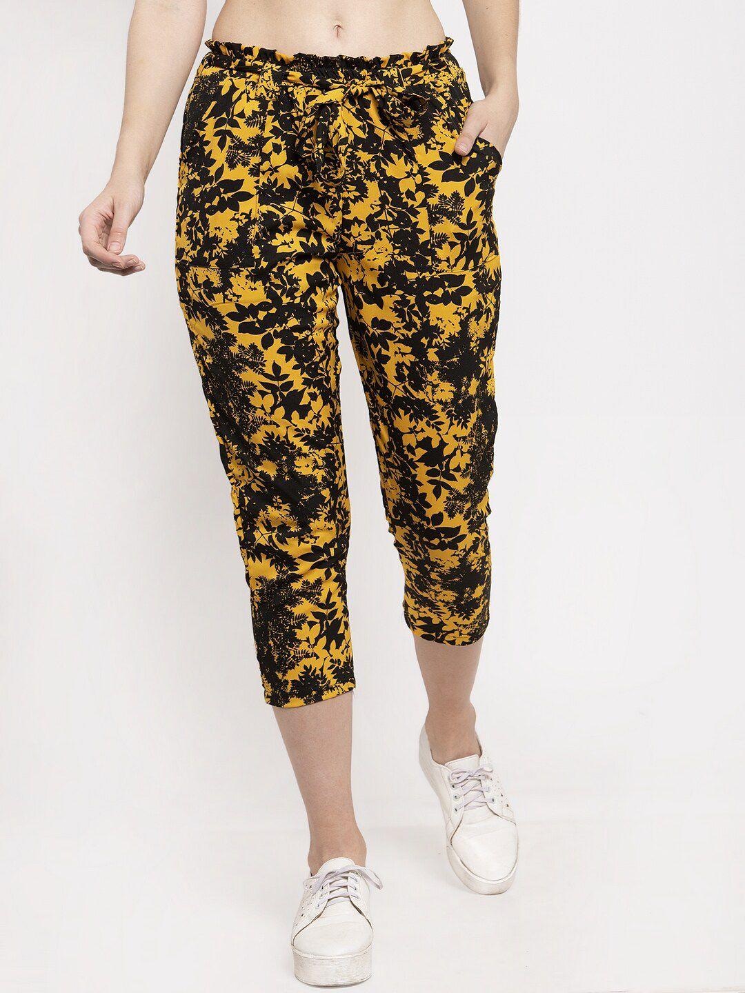j style women yellow & black floral printed slim fit capris