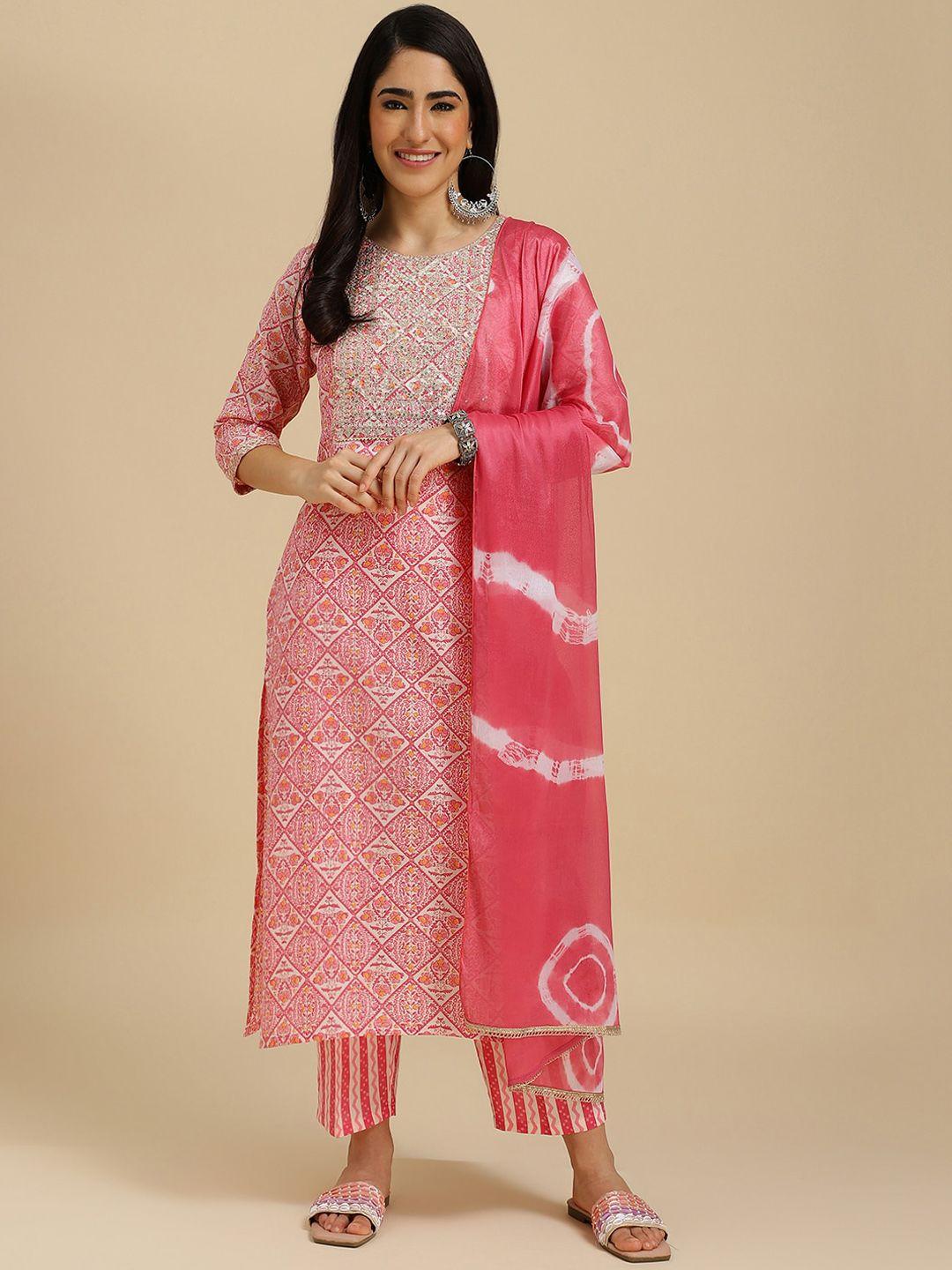 j turritopsis floral printed regular thread work kurta with trousers & dupatta