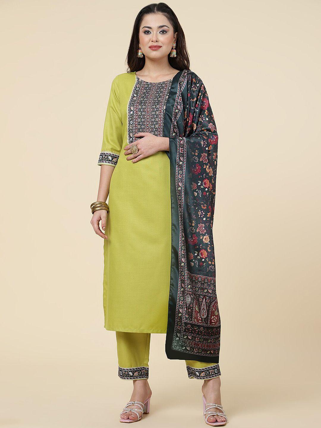 j turritopsis women olive green ethnic motifs printed regular kurti with trousers & with dupatta