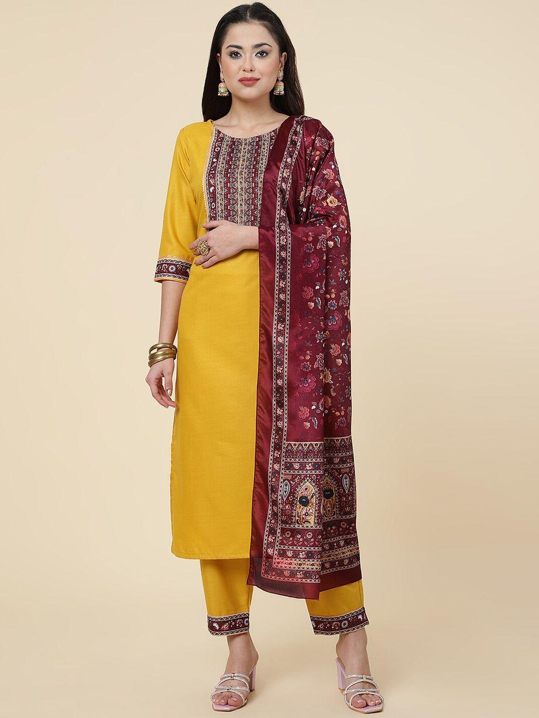 j turritopsis women yellow ethnic motifs printed regular kurti with trousers & with dupatta