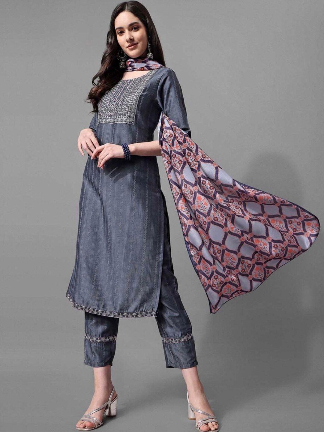 j.kanji round neck ethnic motifs regular thread work kurta with trousers & dupatta