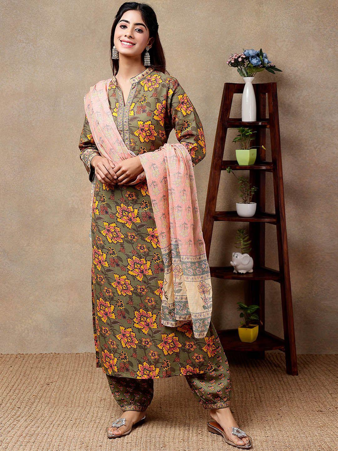 j.kanji women floral printed regular pure cotton kurta with trousers & with dupatta