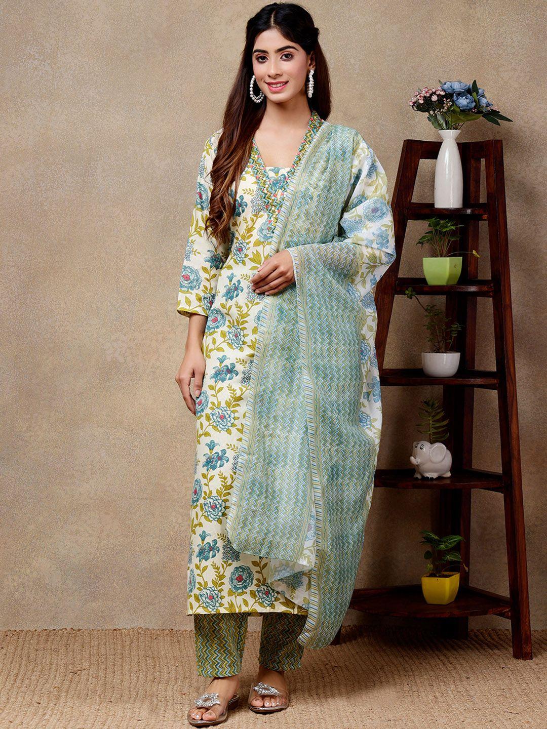 j.kanji women floral printed regular sequinned pure cotton kurta with trousers & with dupatta