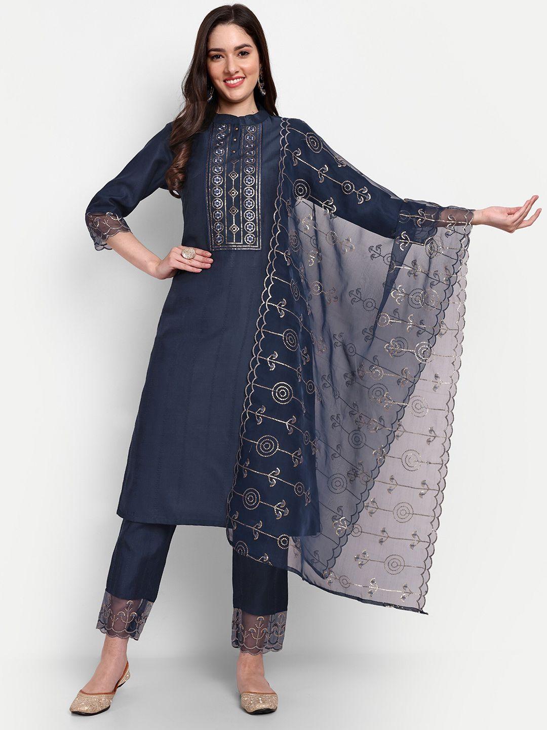 j.kanji women grey ethnic motifs yoke design regular thread work kurta with trousers & with dupatta