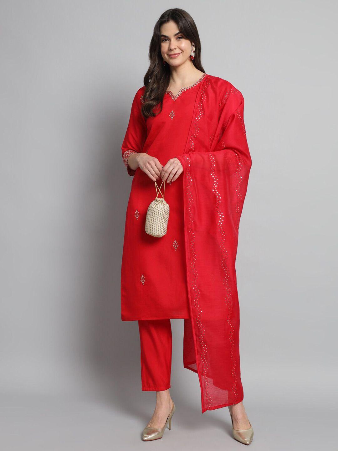 j.kanji women red ethnic motifs yoke design regular sequinned kurta with trousers & with dupatta