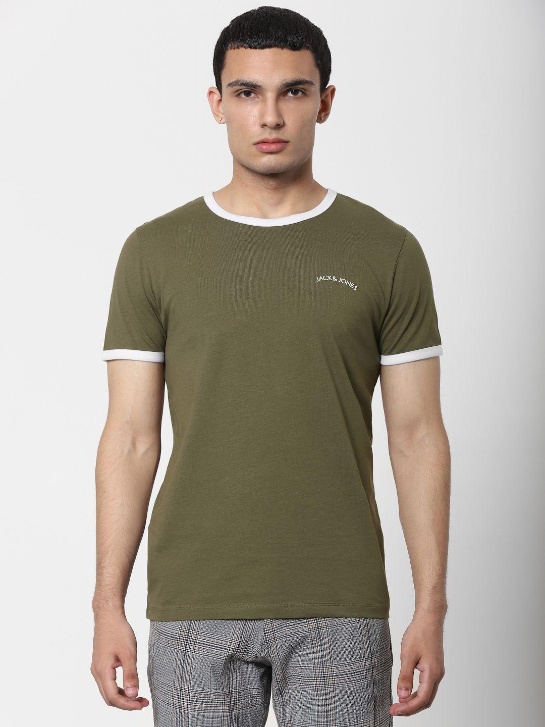 jack  jones men olive green solid slim fit round neck pure cotton t-shirt