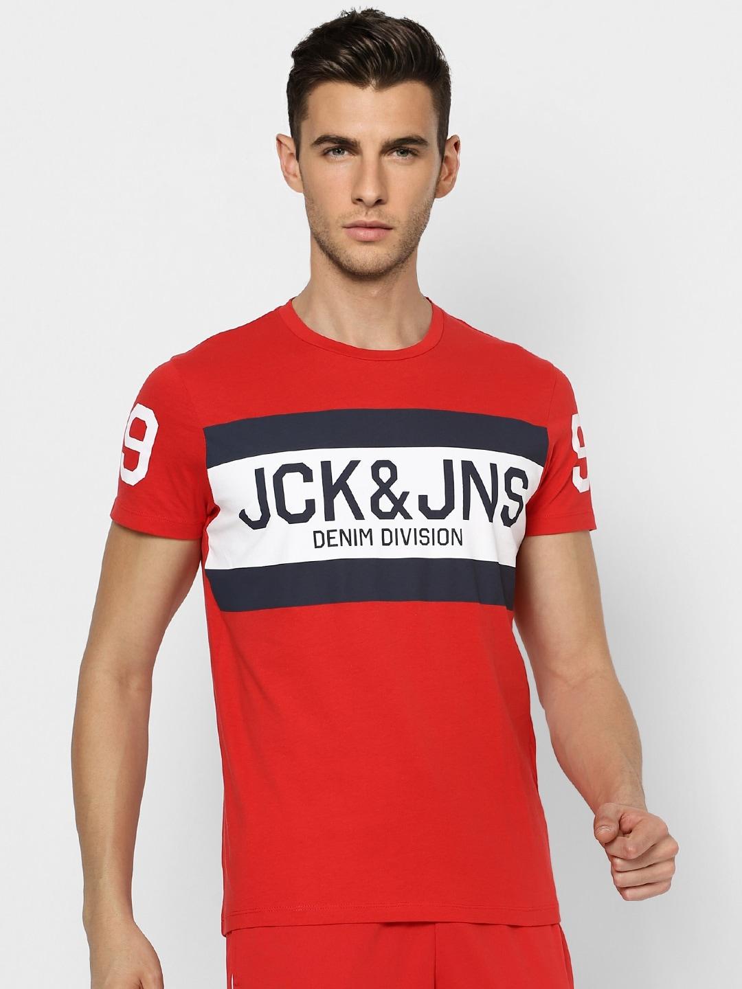 jack  jones men red  white colourblocked pure cotton t-shirt with printed detail