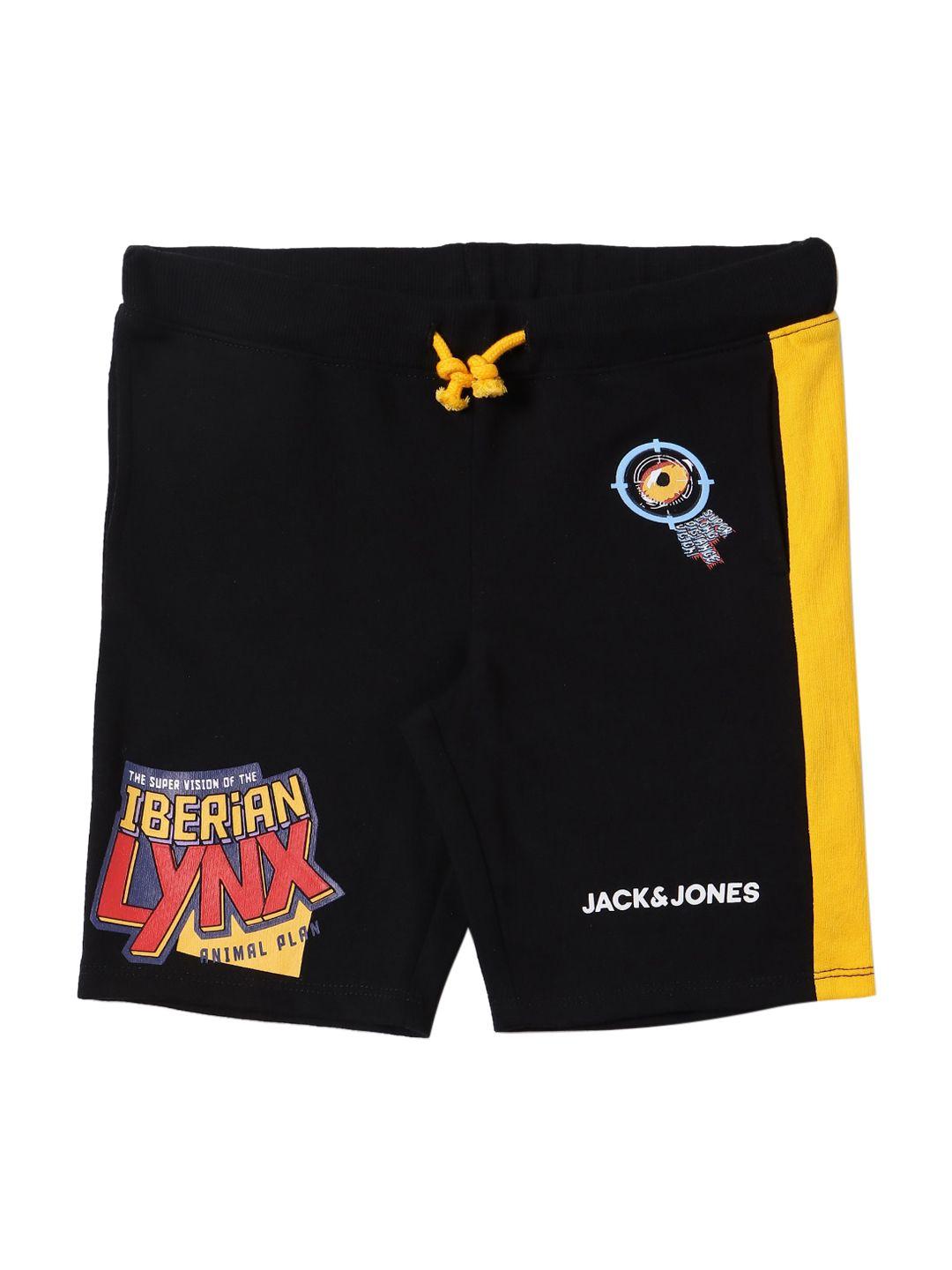 jack & jones boys black & yellow typography printed cotton shorts