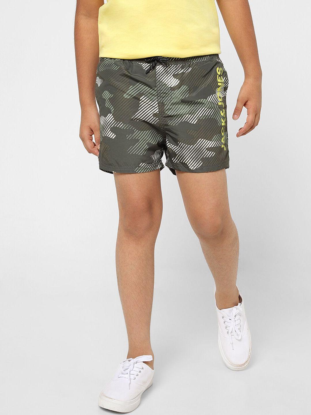 jack & jones boys green camouflage printed slim fit low-rise cotton shorts
