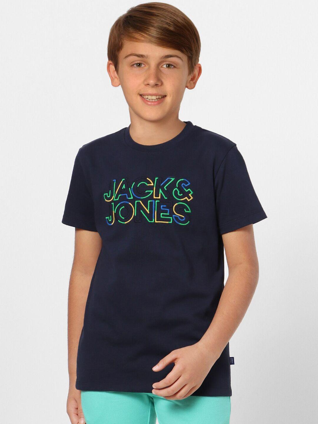 jack & jones boys navy blue typography printed cotton t-shirt