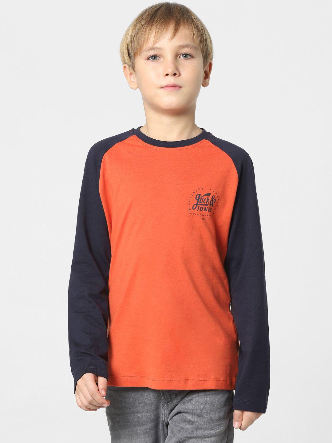 jack & jones junior boys orange & navy blue colourblocked slim fit t-shirt
