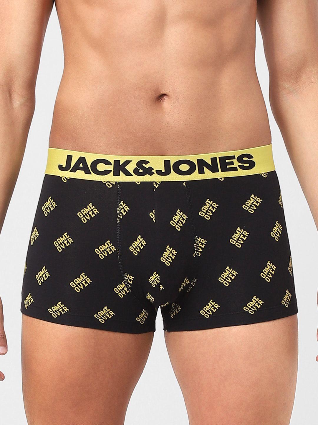 jack & jones men black & yellow printed cotton trunks