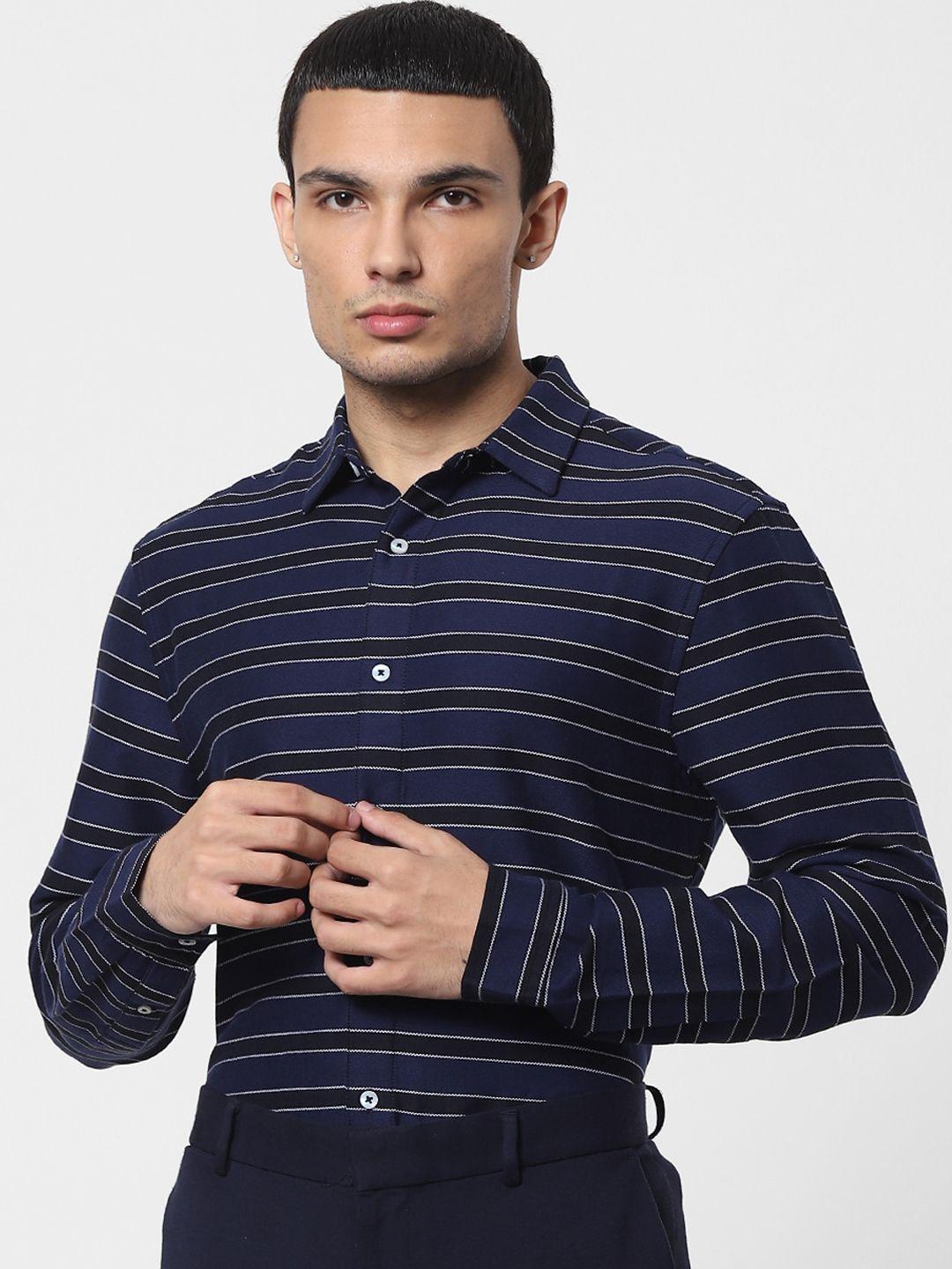 jack & jones men blue & blue horizontal stripes opaque striped casual shirt