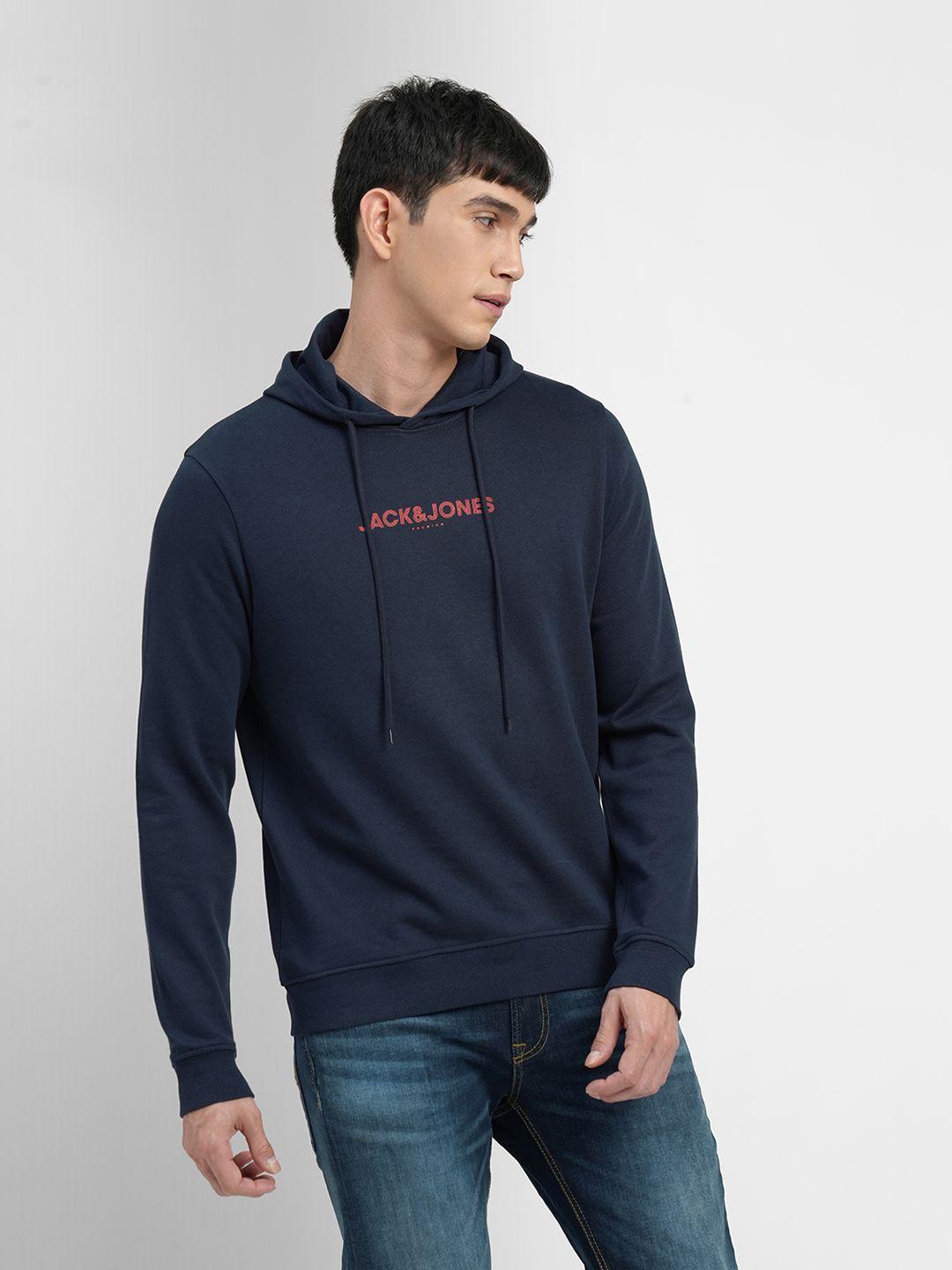 jack & jones men blue brand logo printed hooded sweatshirt