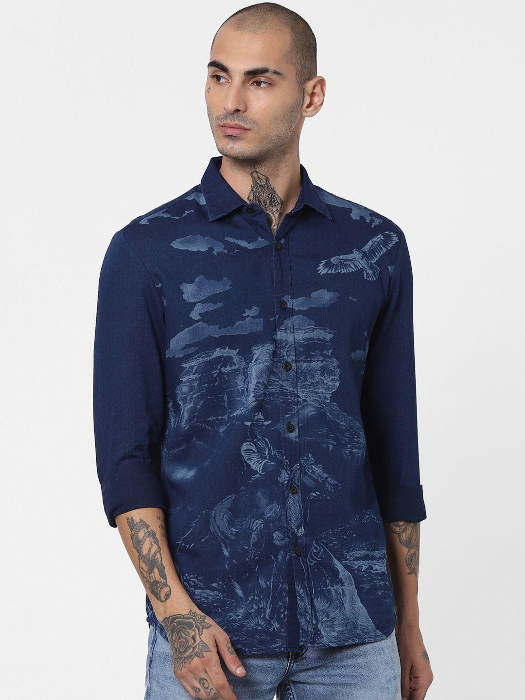 jack & jones men blue slim fit opaque printed casual shirt
