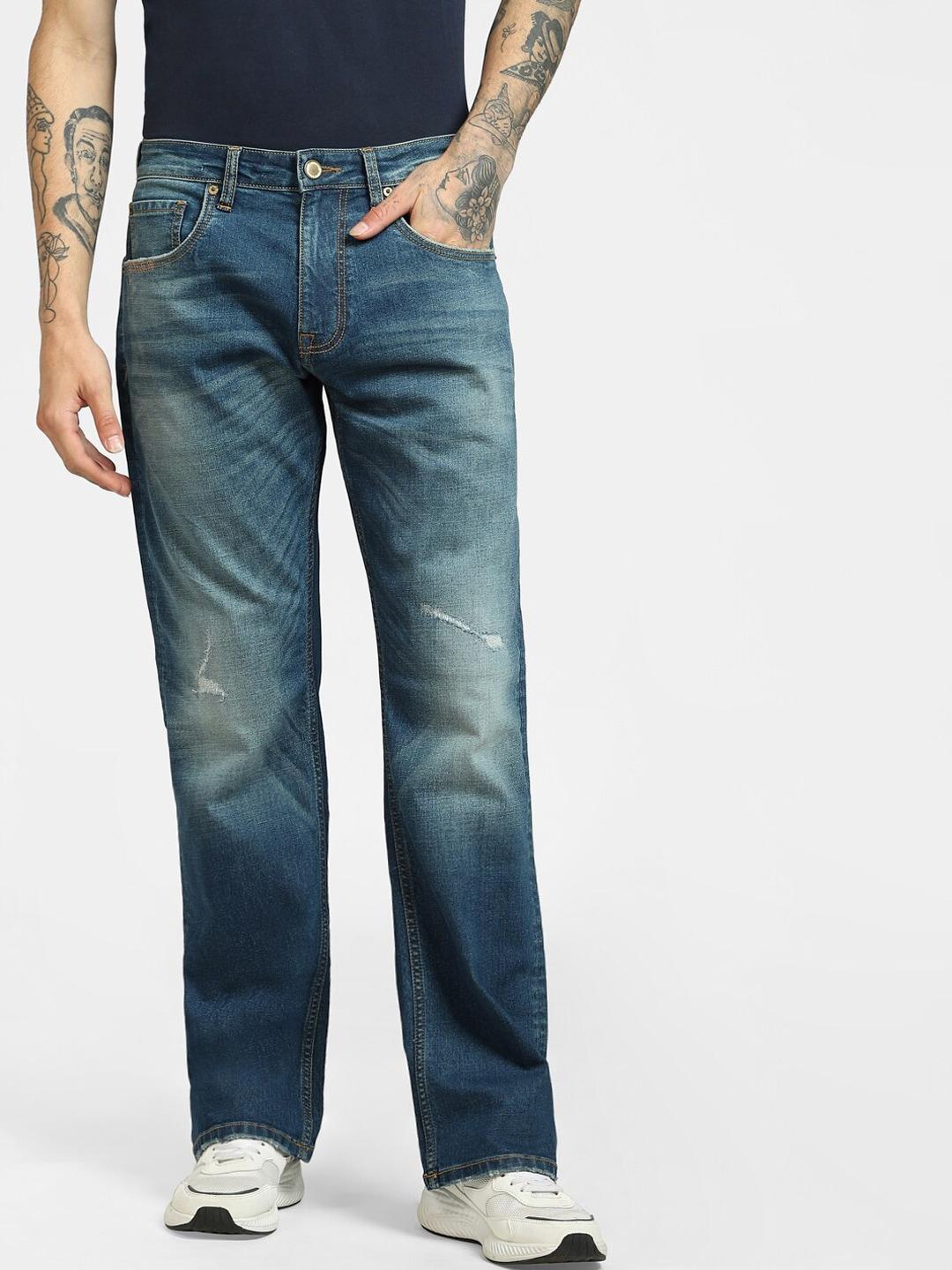 jack & jones men blue straight fit low-rise low distress heavy fade jeans