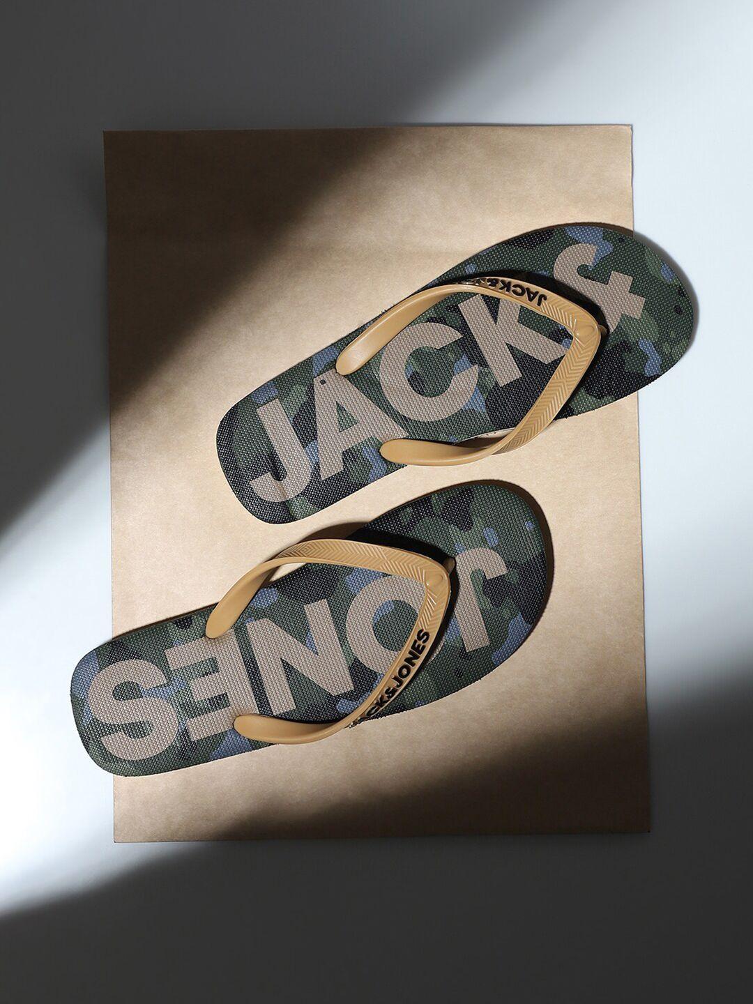 jack & jones men brown & green printed thong flip-flop