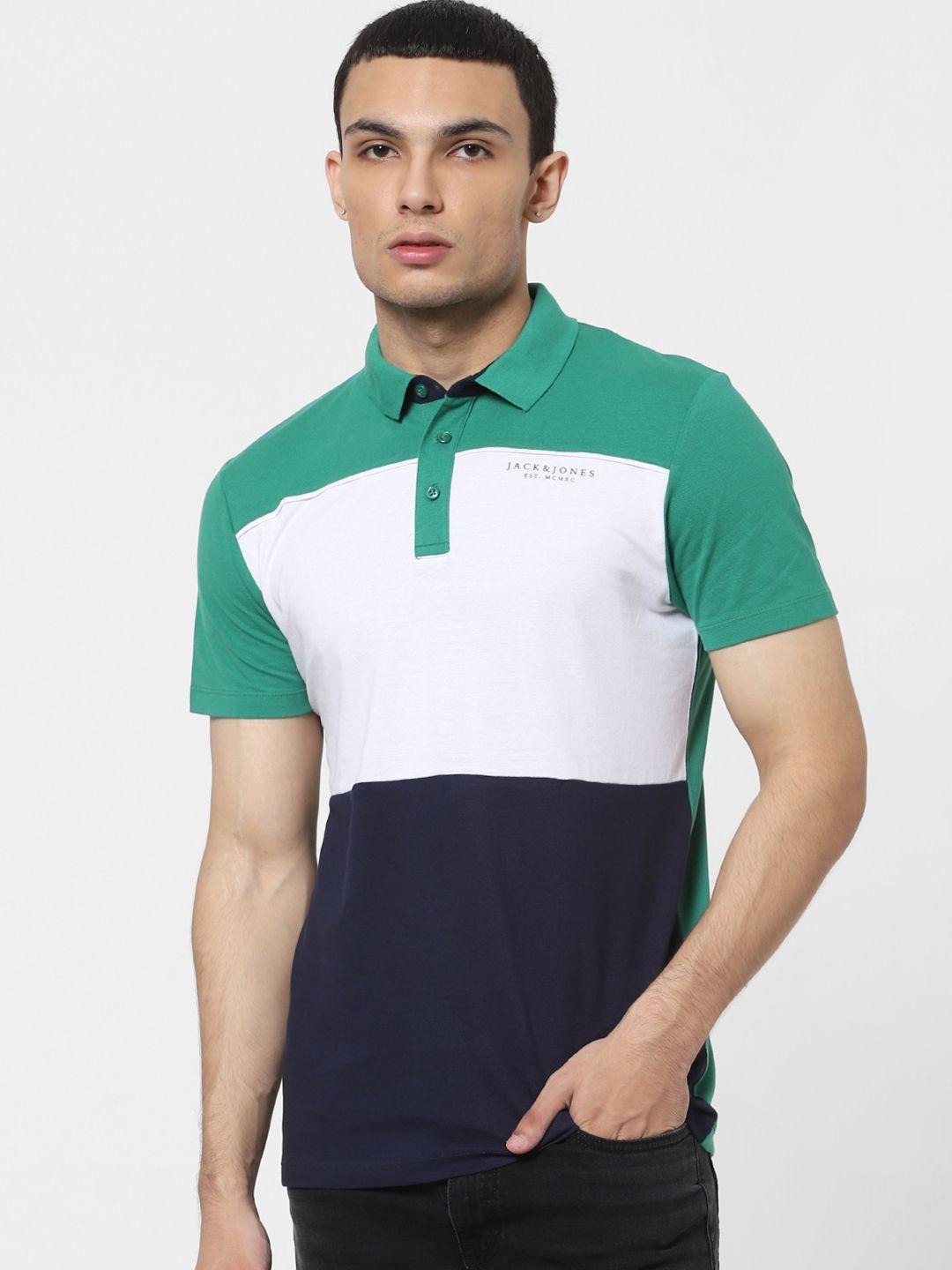jack & jones men green & navy blue colourblocked polo collar casual t-shirt