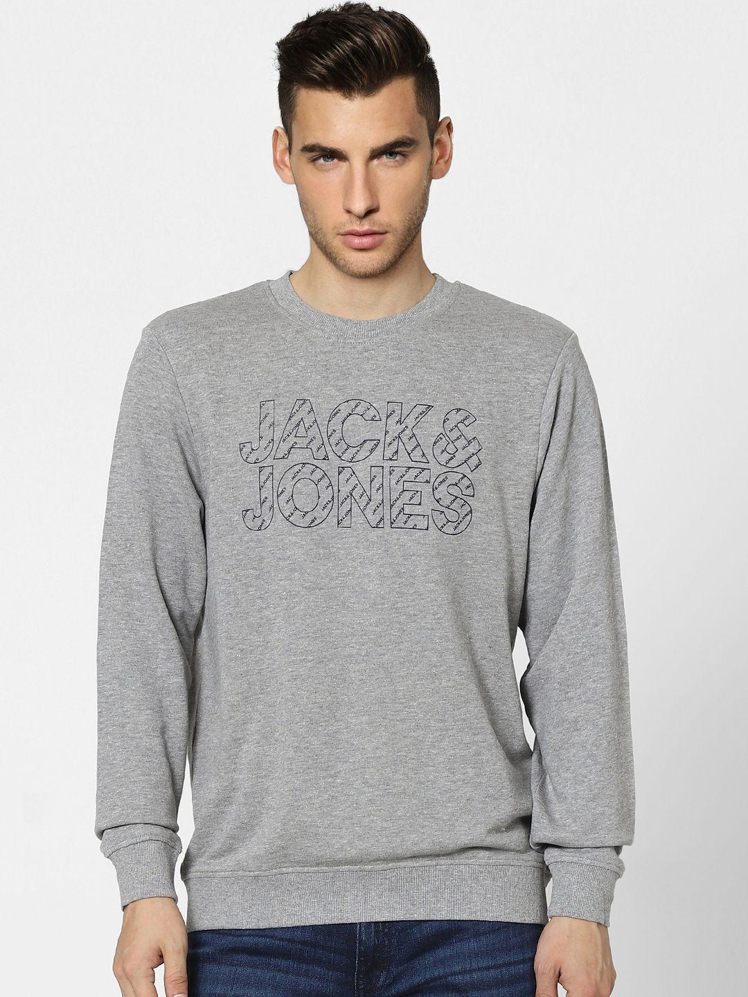 jack & jones men grey barnd logo printed round neck sweatshirt