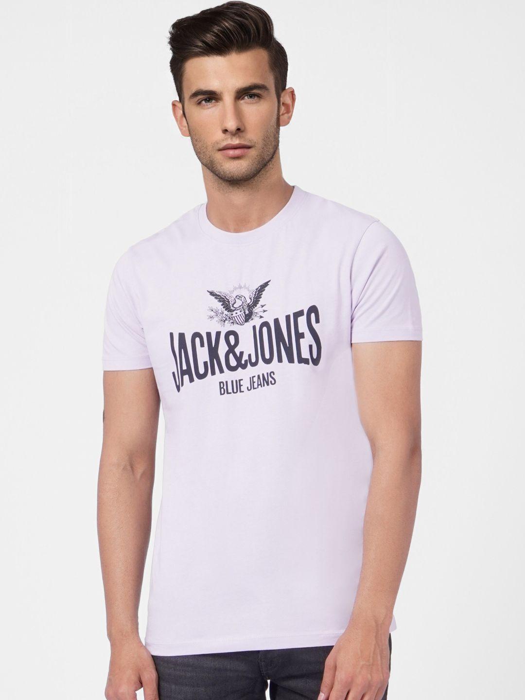 jack & jones men lavender & black printed slim fit pure cotton t-shirt