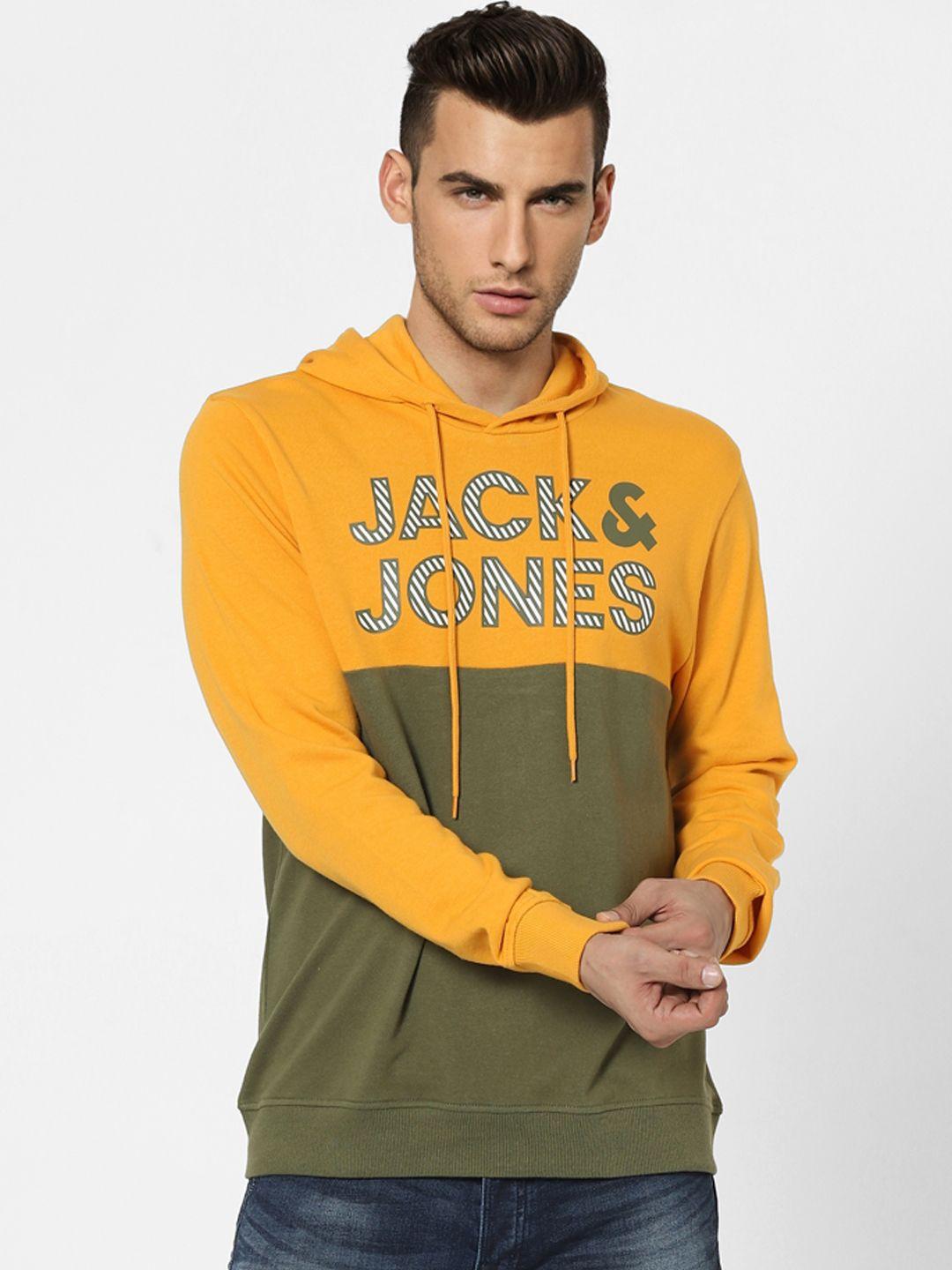 jack & jones men mustard yellow colourblocked hooded sweatshirt with printed detailing