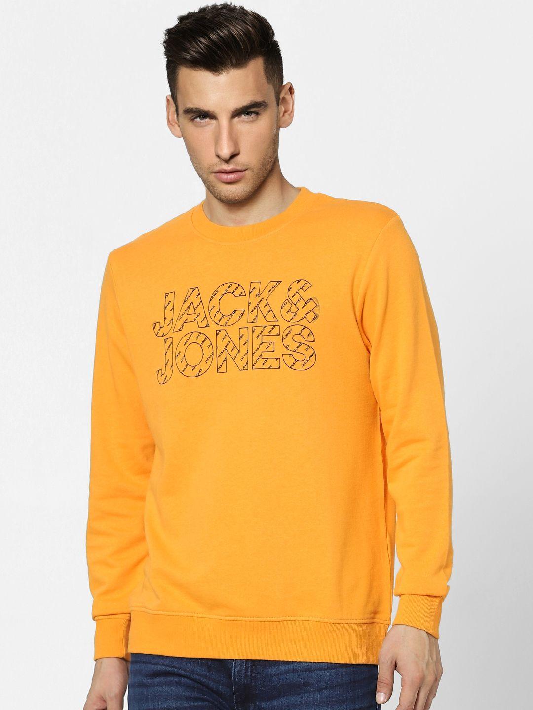 jack & jones men mustard yellow logo printed sweatshirt