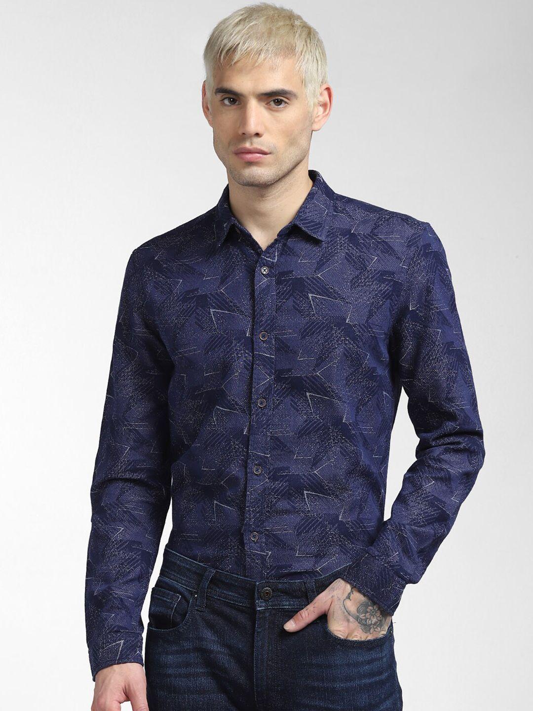 jack & jones men navy blue slim fit floral printed casual shirt