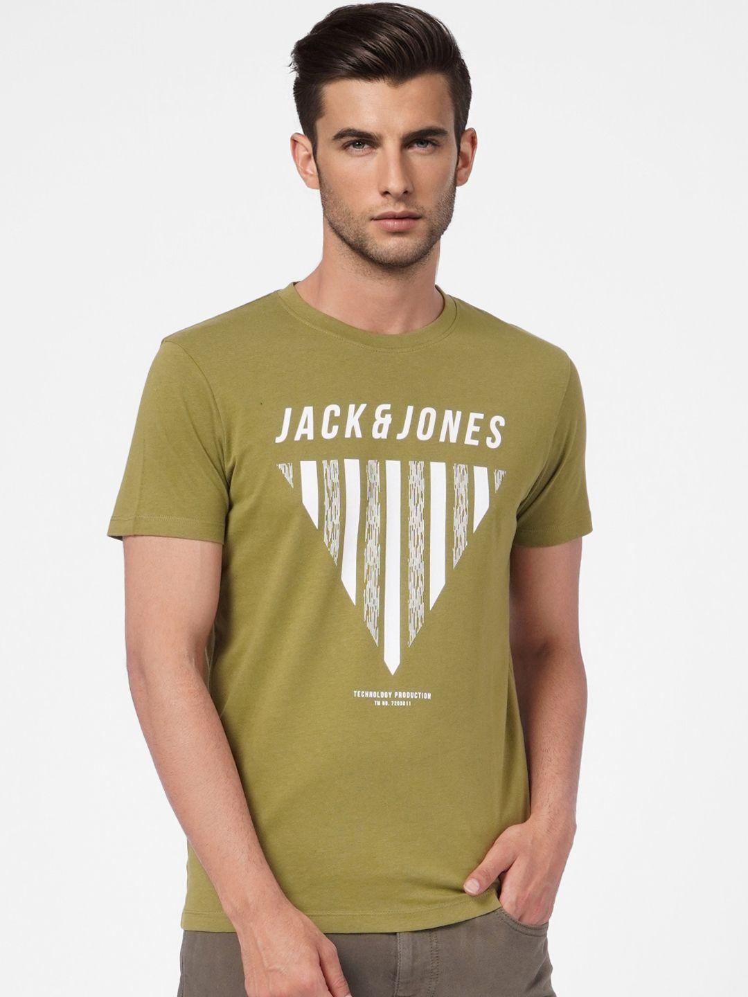 jack & jones men olive green & off white printed slim fit pure cotton casual t-shirt