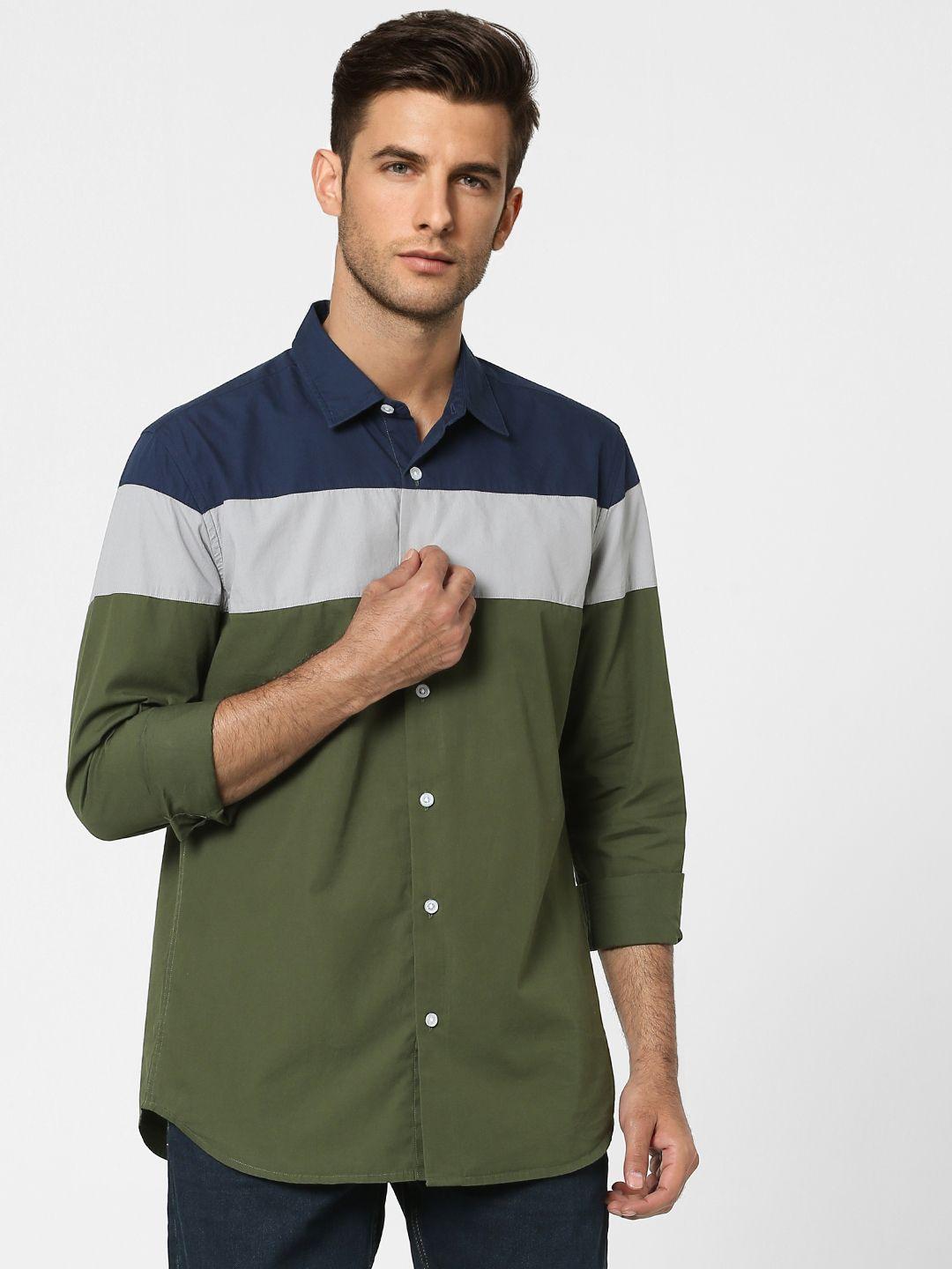 jack & jones men olive green and navy blue slim fit colourblocked pure cotton casual shirt