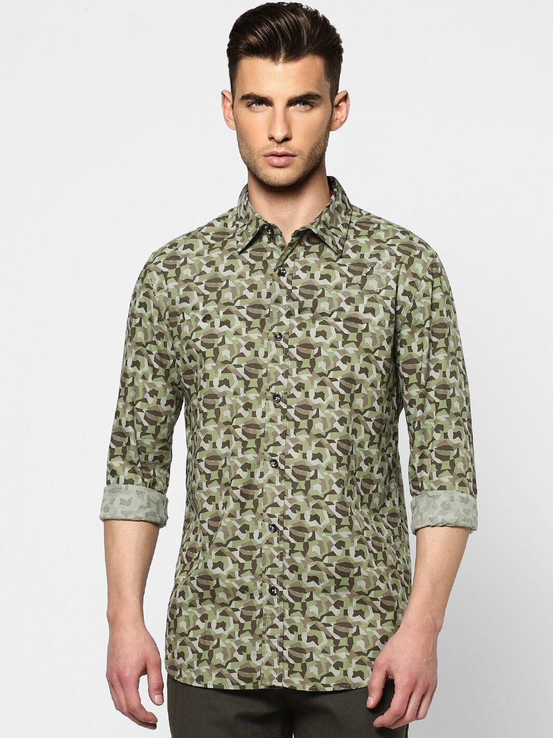 jack & jones men olive green slim fit opaque printed casual shirt