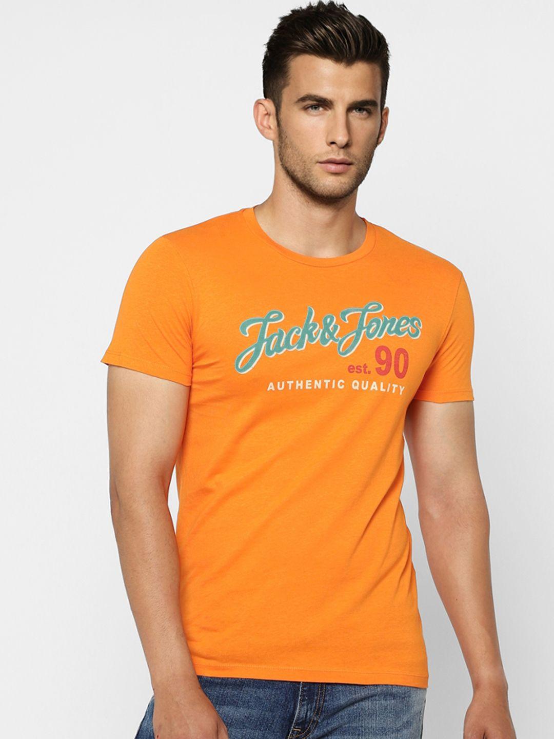 jack & jones men orange brand logo printed slim fit t-shirt
